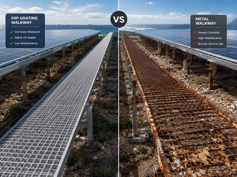 Warum FRP-Gitter das beste Material für PV-O&M-Gehwege sind (FRP-Solargitter vs. Metall)