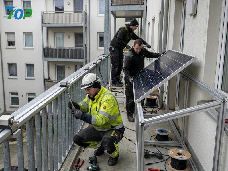 EPC technicians installing balcony photovoltaic mounting system on urban high-rise apartment balcony